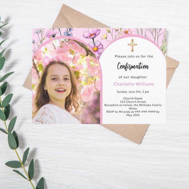 Invitación Confirmación del chica de la foto de florals rosad (Subido por el creador)
