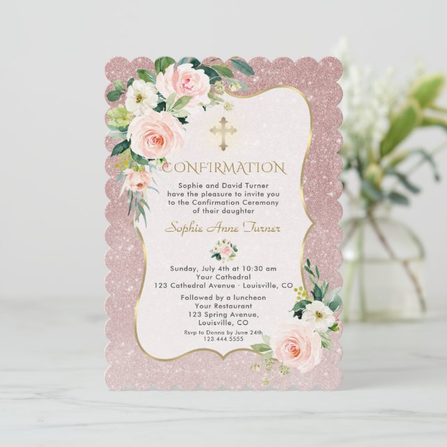Invitación Confirmación del Chica de oro de las flores blanca (Anverso de pie)