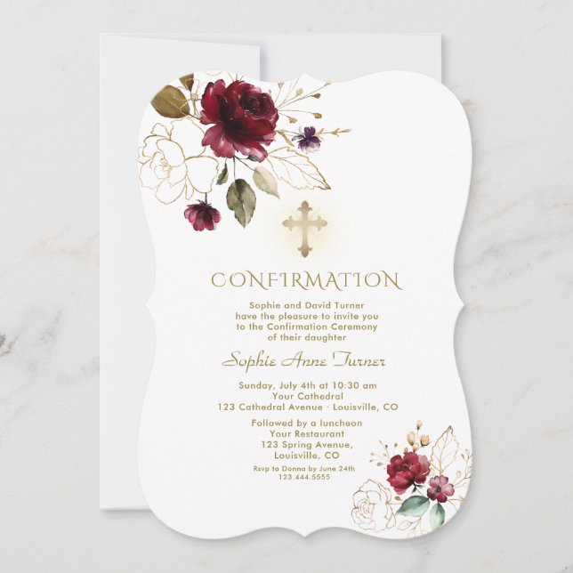 Invitación Confirmación del Chica floral de lujo de Borgoña G (Anverso)
