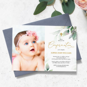 Invitación Confirmación del Chica fotográfico verde Eucalyptu