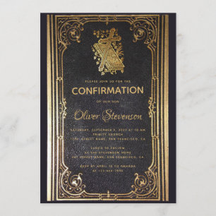 Invitación Confirmación del chico Cruz de Oro y Vintage elega