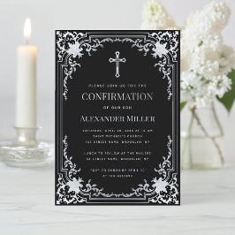 Invitación Confirmación del elegante Vintage Black Faux Silve