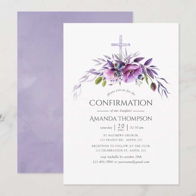 Invitación Confirmación del Floral de la amapola violeta y ag (Anverso / Reverso)