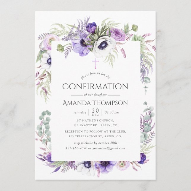 Invitación Confirmación del Floral de la amapola violeta y ag (Anverso)