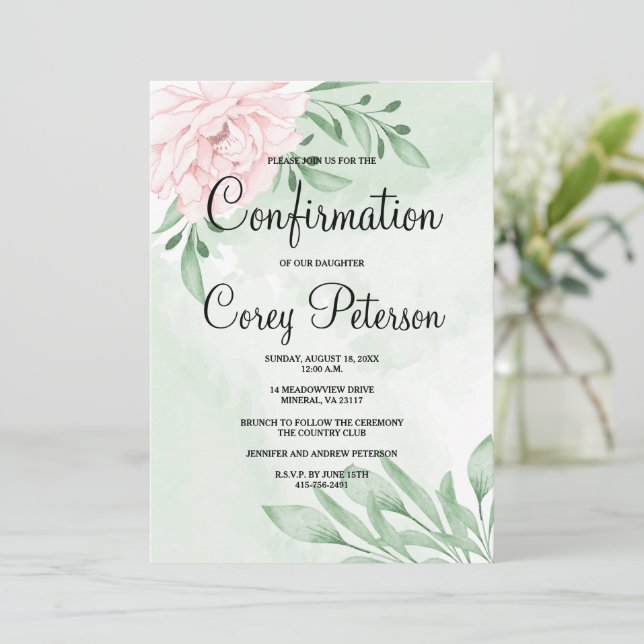 Invitación Confirmación del follaje rosa de Eucalyptus (Anverso de pie)