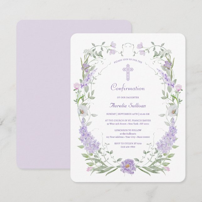 Invitación Confirmación del marco de las flores de Lilac (Anverso / Reverso)