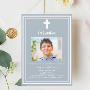 Invitación Confirmación del niño con foto azul turbio