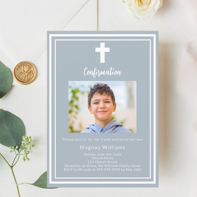 Invitación Confirmación del niño con foto azul turbio (Subido por el creador)