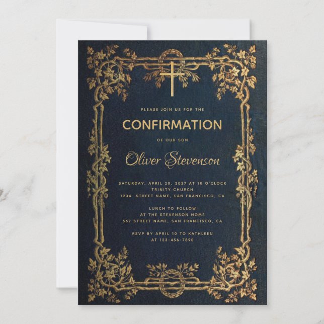 Invitación Confirmación del niño hojas de oro azules y cosech (Anverso)