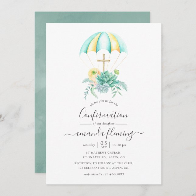 Invitación Confirmación del paracaídas Bouquet Succulents Flo (Anverso / Reverso)