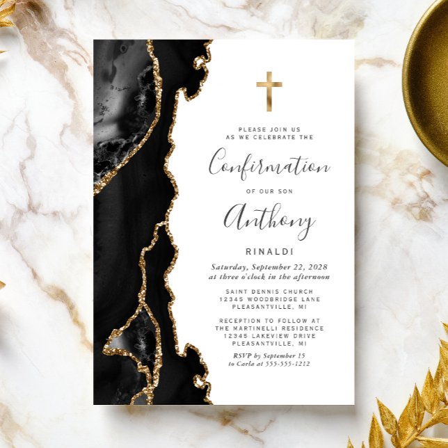 Invitación Confirmación del Purpurina Agate Geode Black Gold (Subido por el creador)
