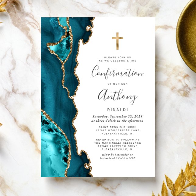 Invitación Confirmación del Purpurina de Agate Blue Gold Verd (Subido por el creador)