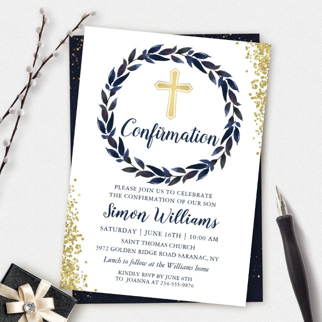 Invitación Confirmación del Purpurina de oro de la corona azu (Subido por el creador)