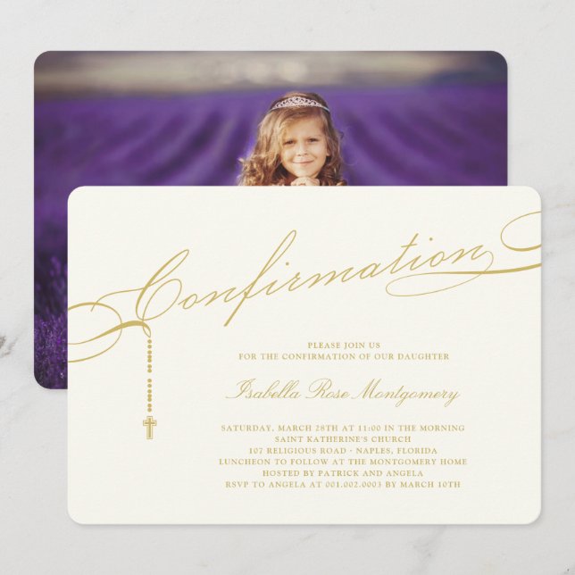 Invitación Confirmación del Rosario del guión clásico del oro (Anverso / Reverso)