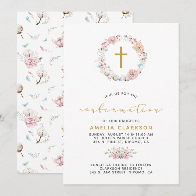 Invitación Confirmación Delicate Floral & Cotton (Anverso / Reverso)