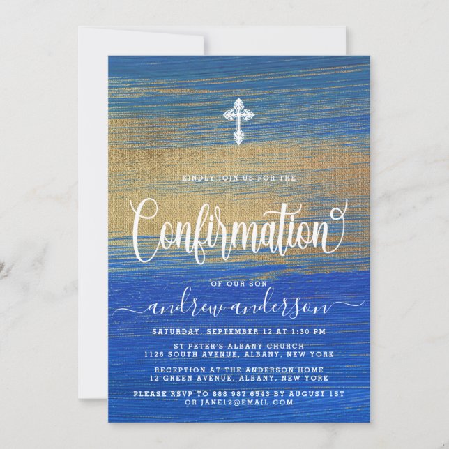 Invitación Confirmación Elegante Blue And Gold Boy (Anverso)