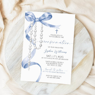 Invitación Confirmación Elegante Blue Bow & Rosary