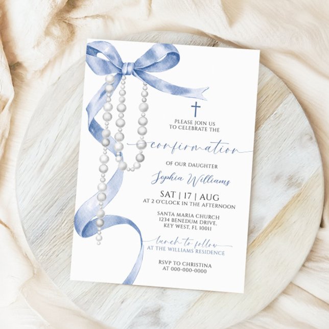 Invitación Confirmación Elegante Blue Bow & Rosary (Subido por el creador)