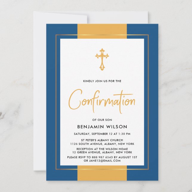 Invitación Confirmación Elegante Clásica Azul Y Oro (Anverso)