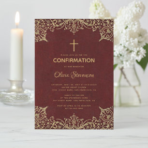 Invitación Confirmación Elegante cruz de oro de Borgoña