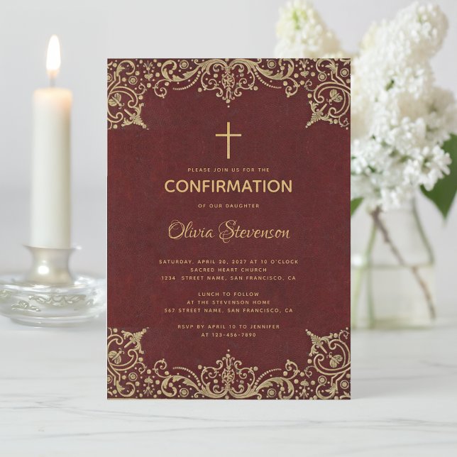 Invitación Confirmación Elegante cruz de oro de Borgoña (Subido por el creador)