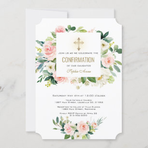 Invitación Confirmación elegante de cruz floral blanca rosada