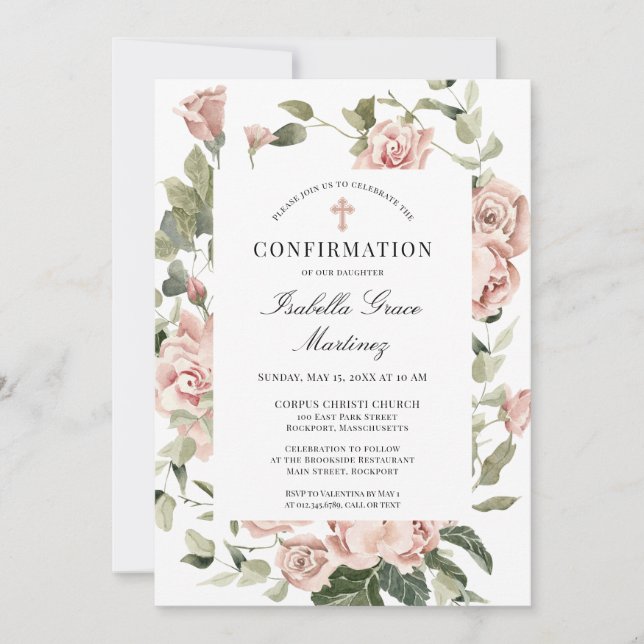 Invitación Confirmación elegante de cruz floral rosa y turbia (Anverso)