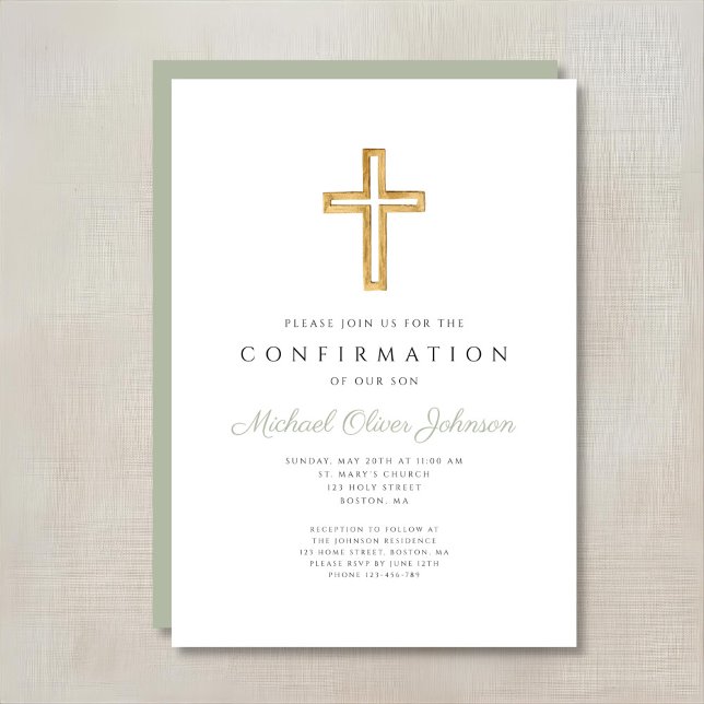Invitación Confirmación elegante de cruz religiosa verde sabi (Elegant Sage Green Religious Cross Confirmation Invitation)