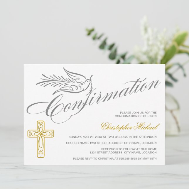 Invitación Confirmación Elegante de la Cruz de caligrafía y l (Anverso de pie)