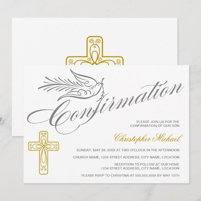 Invitación Confirmación Elegante de la Cruz de caligrafía y l (Anverso / Reverso)