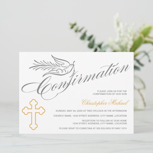 Invitación Confirmación Elegante de la Cruz de caligrafía y l (Anverso de pie)