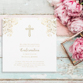 Invitación Confirmación elegante de la Cruz de Oro Blanco Ver
