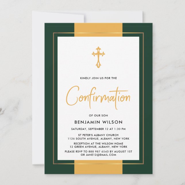 Invitación Confirmación Elegante De Oro Y Verde (Anverso)