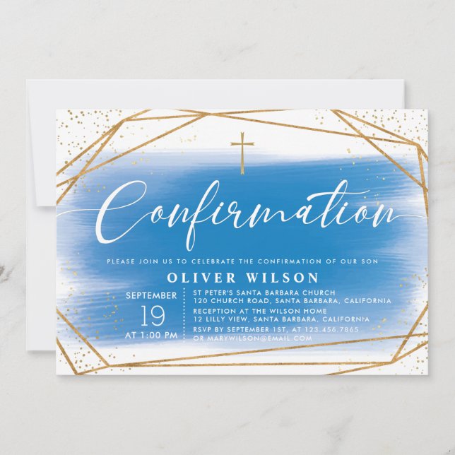 Invitación Confirmación Elegante Gold & Blue Boy (Anverso)