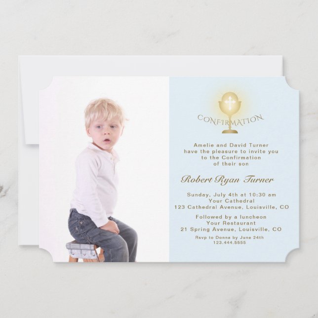Invitación Confirmación Elegante Photo Boy Gold Chalice (Anverso)