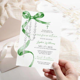 Invitación Confirmación Elegante Sage Green Bow & Rosary