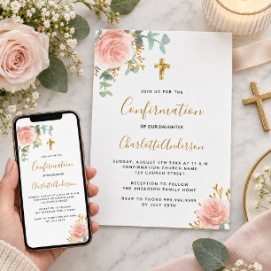 Invitación Confirmación eucalipto rubor rosa floral niña