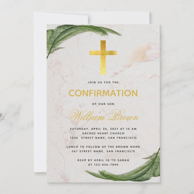 Invitación Confirmación Faux Faux Gold Cross Marble (Anverso)