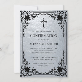 Invitación Confirmación Faux Silver Metallic Vintage Cross