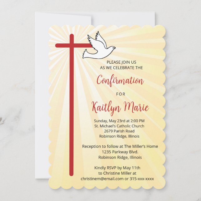 Invitación Confirmación femenina Cross Dove Rays Gold Scallop (Anverso)