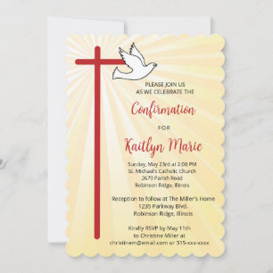 Invitación Confirmación femenina Cross Dove Rays Gold Scallop