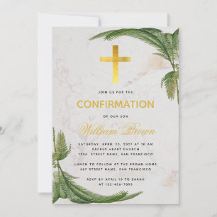 Invitación Confirmación Fern Greenery Faux Gold Cross Marble