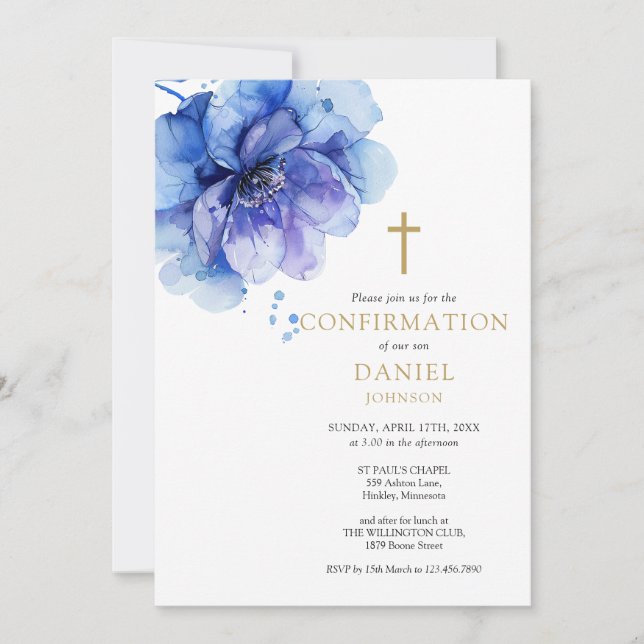 Invitación Confirmación floral acuarela azul polvoriento mode (Anverso)