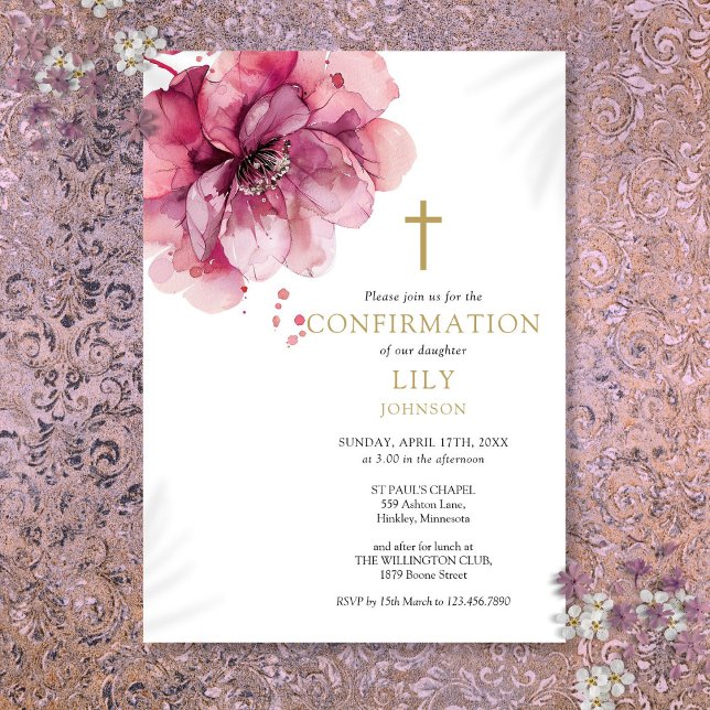 Invitación Confirmación floral acuarela rosa polvoriento mode (Modern Dusty Rose Watercolor Floral Confirmation Invitation)