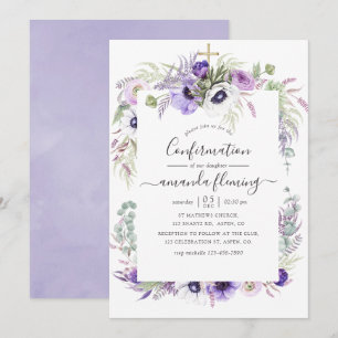 Invitación Confirmación floral acuarela violeta polvorienta