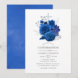 Invitación Confirmación floral azul real y plata