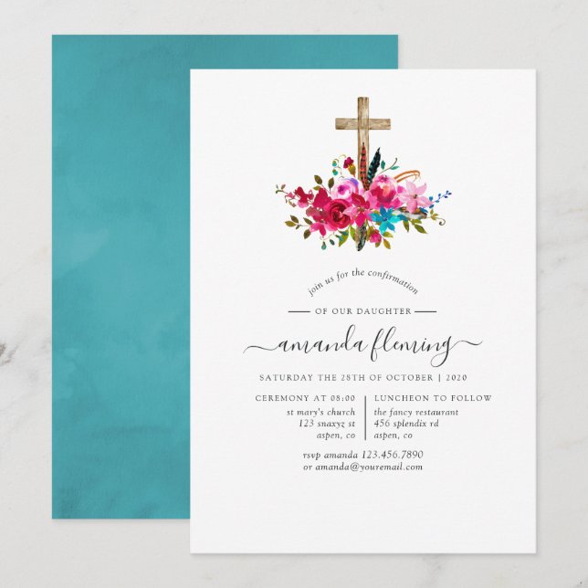 Invitación Confirmación floral boho chic (Anverso / Reverso)