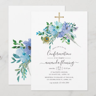Invitación Confirmación floral boho de acuarela verde menta y