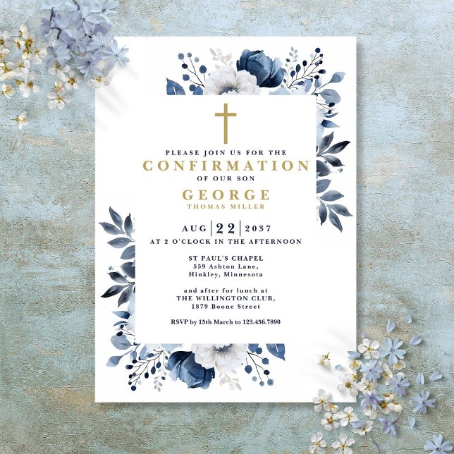 Invitación Confirmación floral botánica azul marino moderna (Navy Blue Floral Botanical Modern Confirmation Invitation)