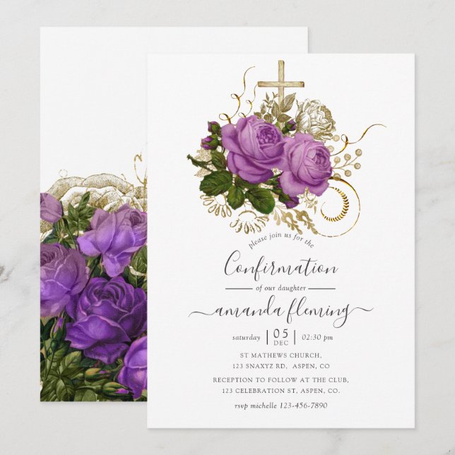 Invitación Confirmación floral chic vintage púrpura y dorado (Anverso / Reverso)